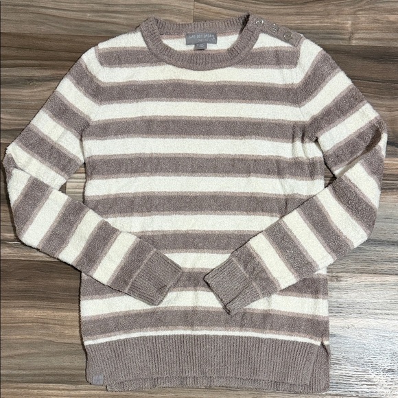Barefoot Dreams Sweaters - Barefoot Dreams CozyChic Lite Taupe Striped L/S Pullover Sweater Women’s XS